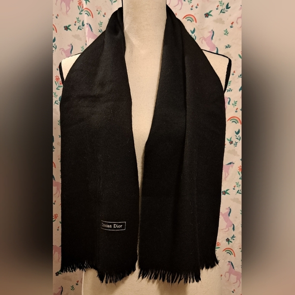 Vintage Christian Dior Black Merino Wool Soft Warm Winter Comfy Cozy Scarf Wrap - Picture 2 of 8